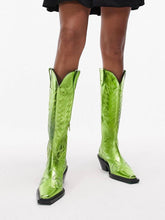 Metallic Green Embroidered Zip Wide Mid Calf Western Boots Block Heeled Cowgirl Boots